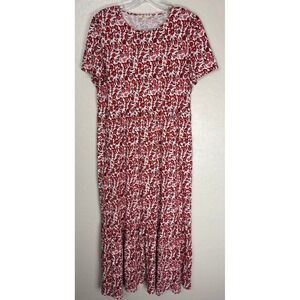 Boden Red White Floral Tiered Maxi Dress Womens US 12L Short Sleeve Pockets 2374